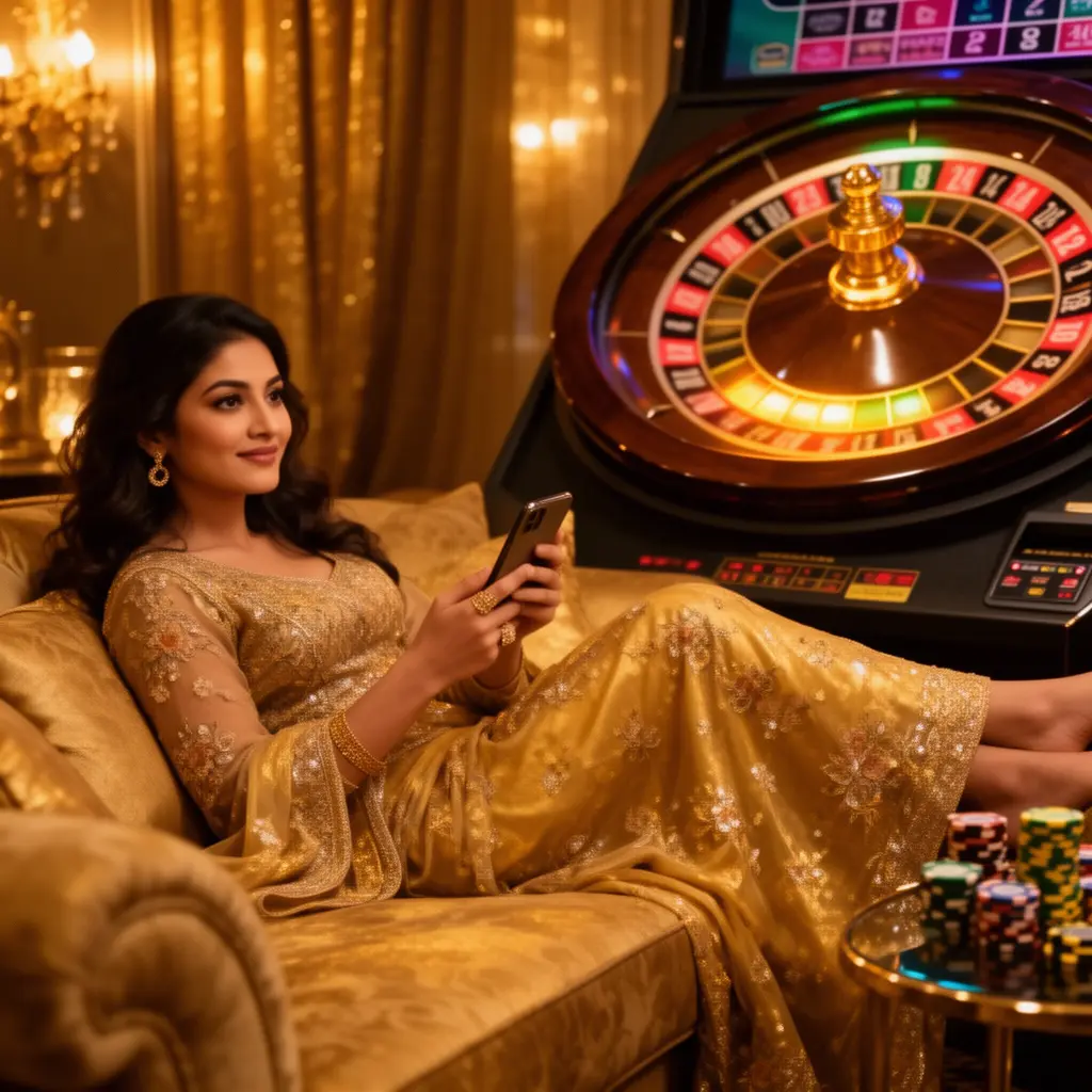 MJL9999 App – Enjoy a premium mobile casino experience in Bangladesh Sophisticated Bangladeshi woman relaxing on a luxury sofa while using the MJL9999 casino app with a glowing roulette wheel in the background
