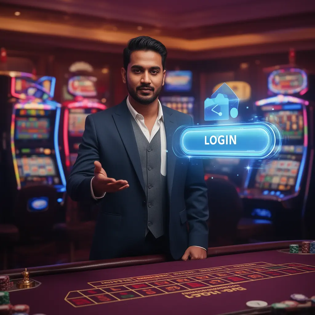 MJL9999 Login – Smooth and advanced access to your gaming account in Bangladesh Stylish Bangladeshi casino professional confidently interacting with a floating holographic login button in a vibrant MJL9999 casino setting