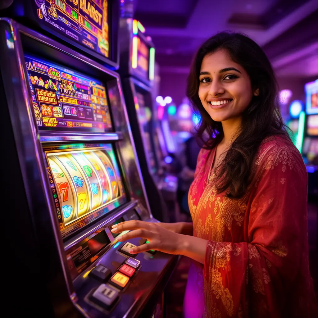 MJL9999 – Spin vibrant online slots and enjoy nonstop excitement in Bangladesh Happy Bangladeshi player enjoying colorful slot machines with glowing reels and neon lights at MJL9999 casino
